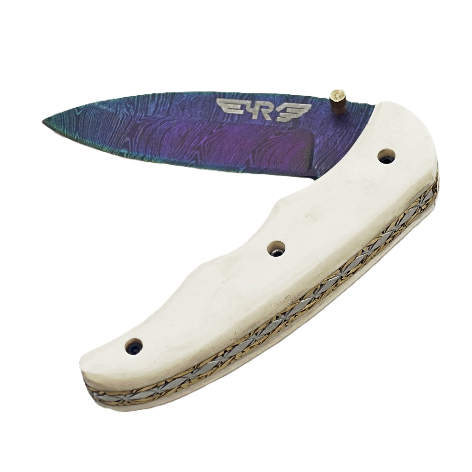 Ruddock Bros Damascus steel folding knife with acid wash blade  and ivory handle Ruddock El Paso Texas