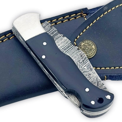 Buffalo Horn Folding Knife - Damascus Steel