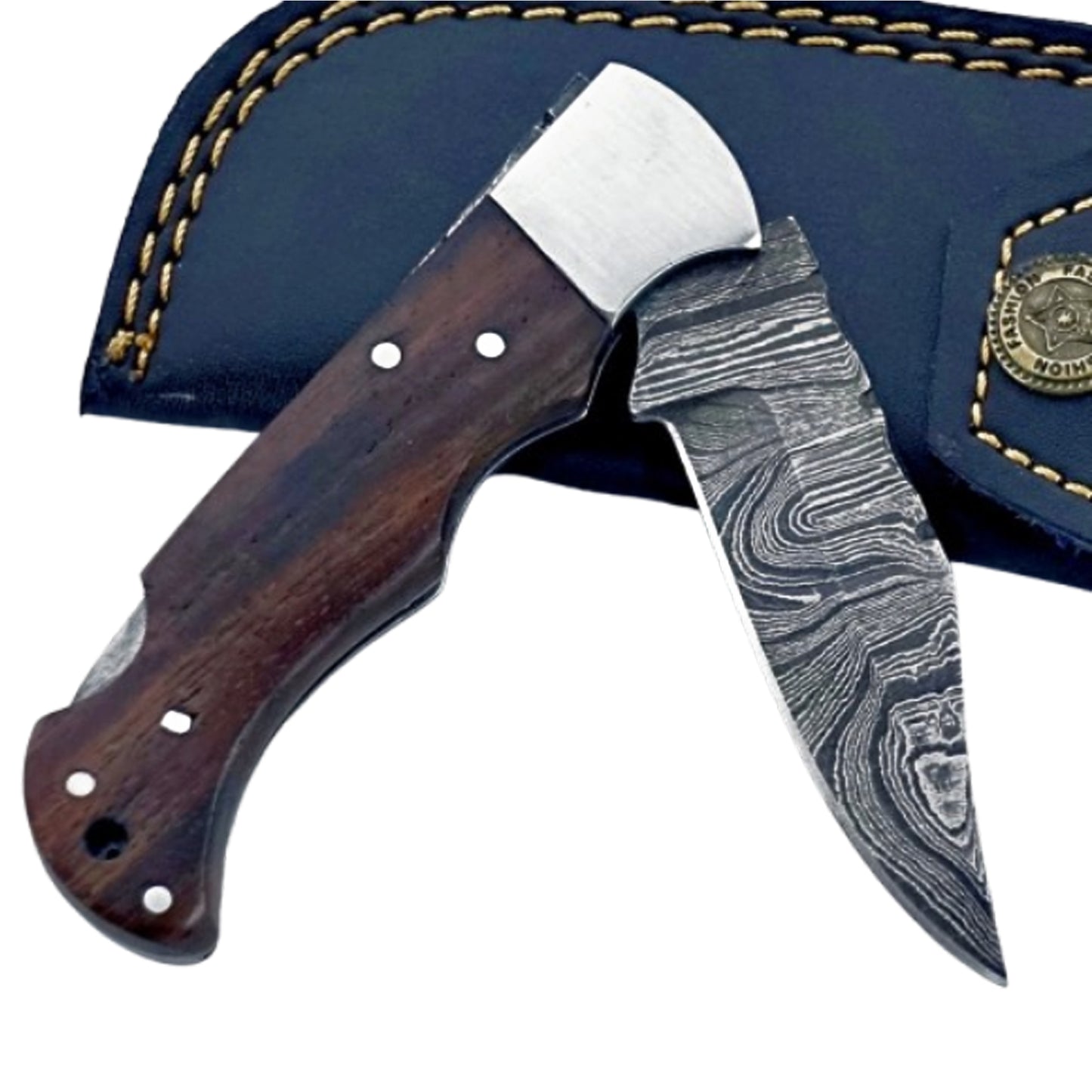 Walnut wood Folding Knife - Damascus Steel