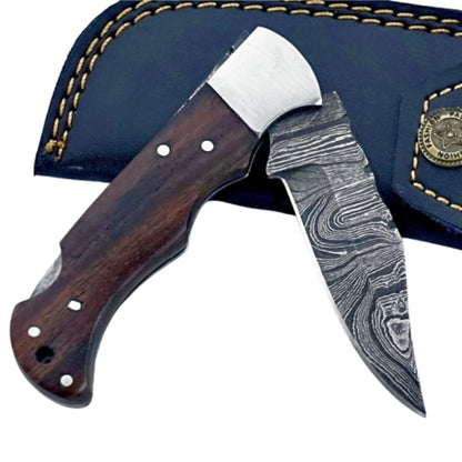 Walnut wood Folding Knife - Damascus Steel