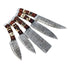 Damascus Steel 5 piece knife set with horn and hardwood handle with leather carry pouch by Ruddock Bros El Paso Texas USA Ruddock Shirt
