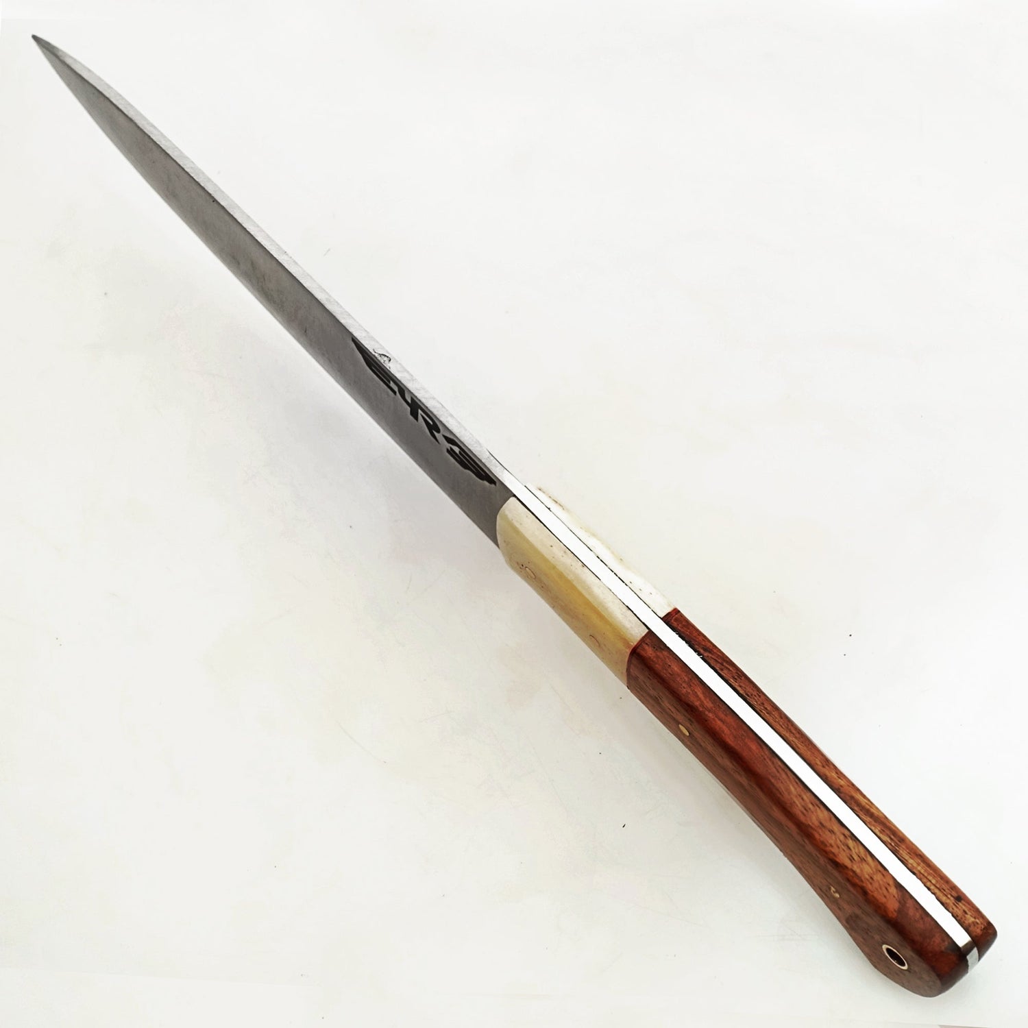Stainless Steel Chef knife with hardwood and bone handle by Ruddock Bros El Paso Texas USA Ruddock Shirt