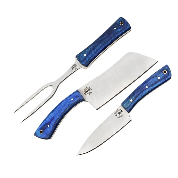 Ruddock Bros 3 piece carving set with blue hardwood handles and stainless Steel blades Ruddock El Paso Texas