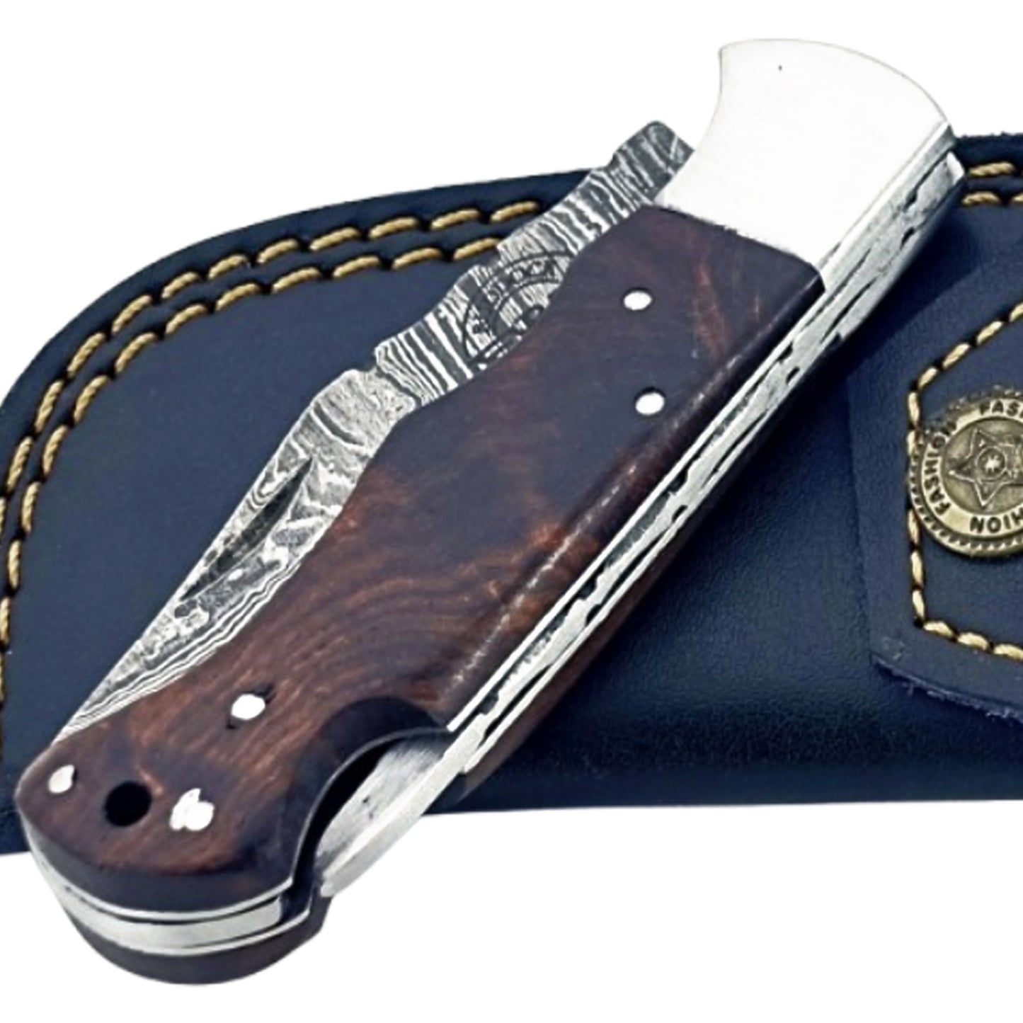 Walnut wood Folding Knife - Damascus Steel