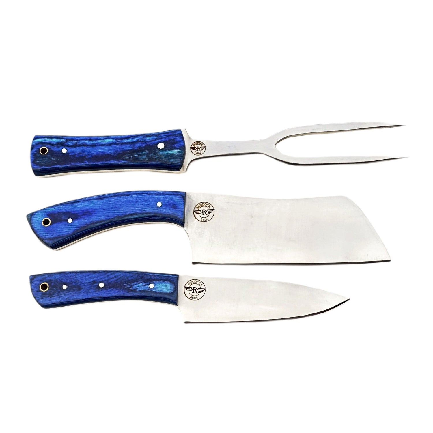 Ruddock Bros 3 piece carving set with blue hardwood handles and stainless Steel blades Ruddock El Paso Texas