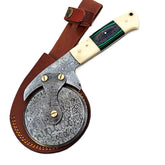 Damascus Steel Pizza Cutter with hardwood and natural bone handle by Ruddock Bros El Paso Texas USA Ruddock Shirt cutlery pizza brick oven Pizza cutter  unique pizza cutter custom pizza cutter artisan pizza cutter pizza ax pizza axe ulu