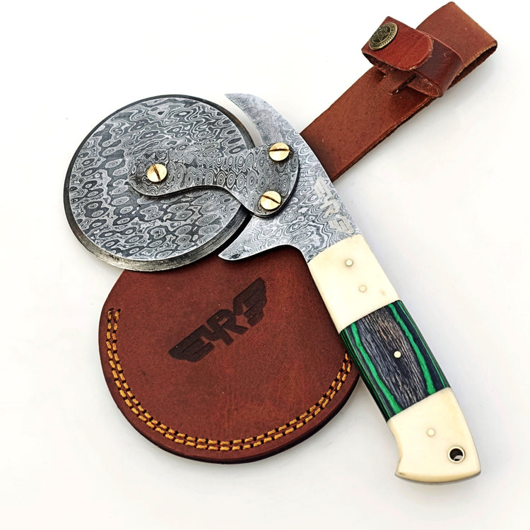Damascus Steel Pizza Cutter with hardwood and natural bone handle by Ruddock Bros El Paso Texas USA Ruddock Shirt cutlery pizza brick oven Pizza cutter  unique pizza cutter custom pizza cutter artisan pizza cutter pizza ax pizza axe ulu