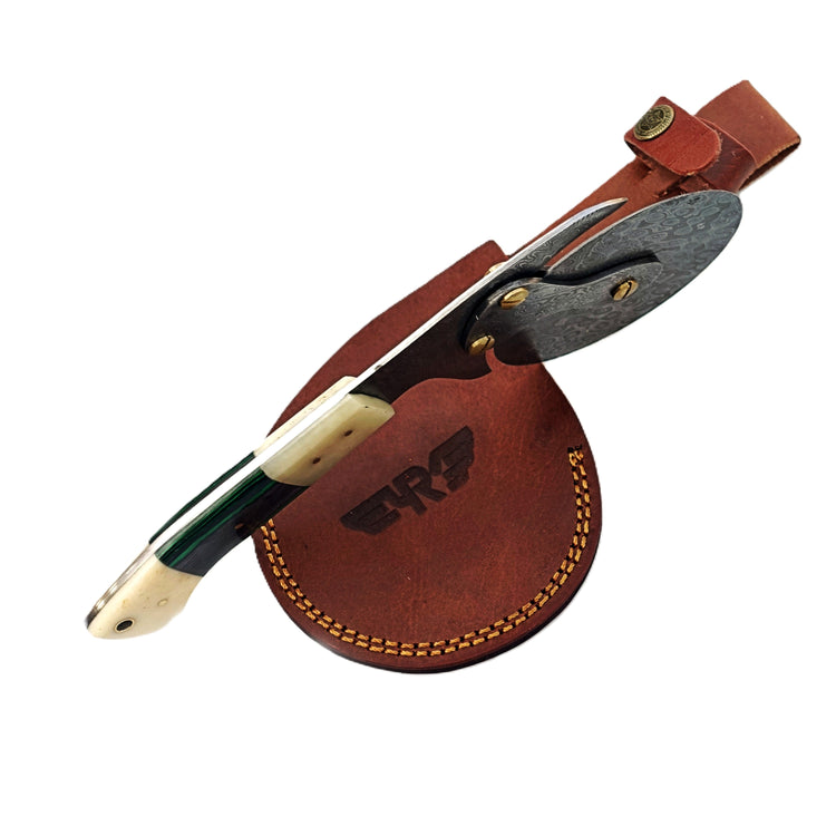 Damascus Steel Pizza Cutter with hardwood and natural bone handle by Ruddock Bros El Paso Texas USA Ruddock Shirt cutlery pizza brick oven Pizza cutter  unique pizza cutter custom pizza cutter artisan pizza cutter pizza ax pizza axe ulu