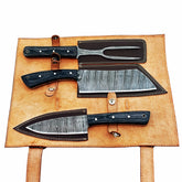 Three piece carving set with Damascus steel and black hardwood handles by Ruddock Bros