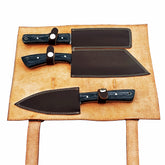 Three piece carving set with Damascus steel and black hardwood handles by Ruddock Bros