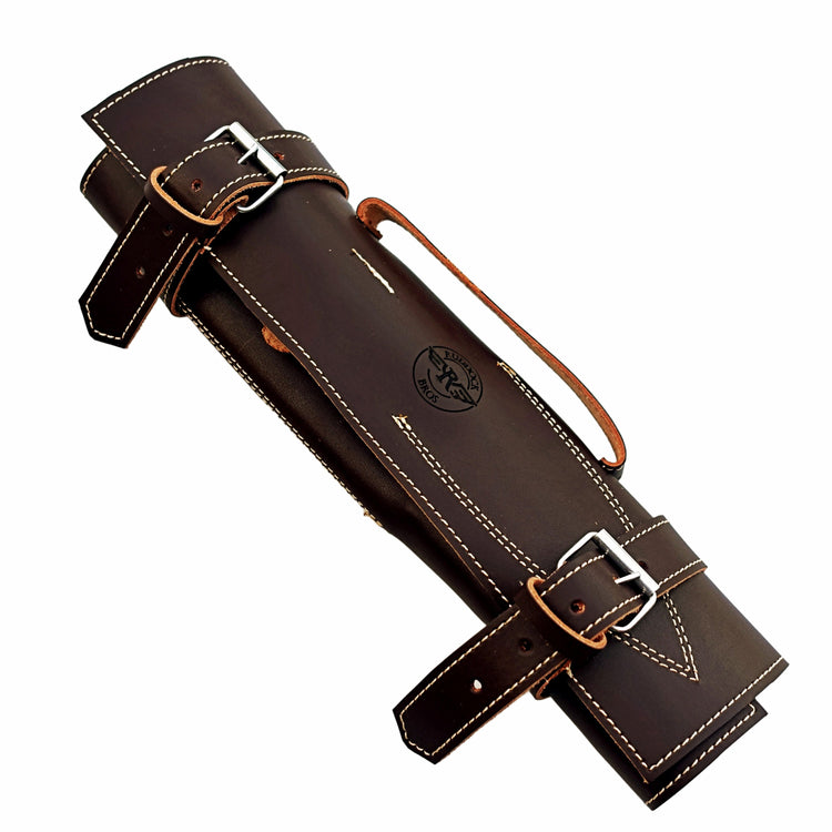 Three piece carving set with Damascus steel and black hardwood handles by Ruddock Bros with leather carry bag