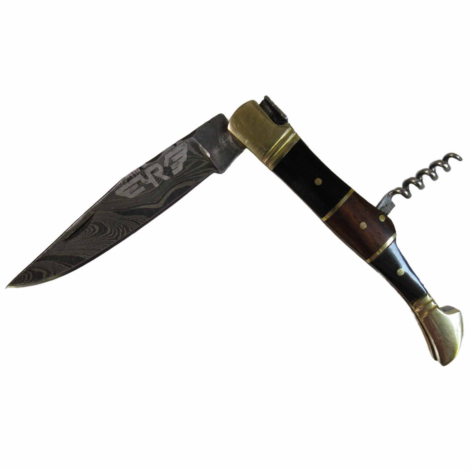 pocket knife by Ruddock Bros with hardwood handle and corkscrew Damascus steel El Paso Texas