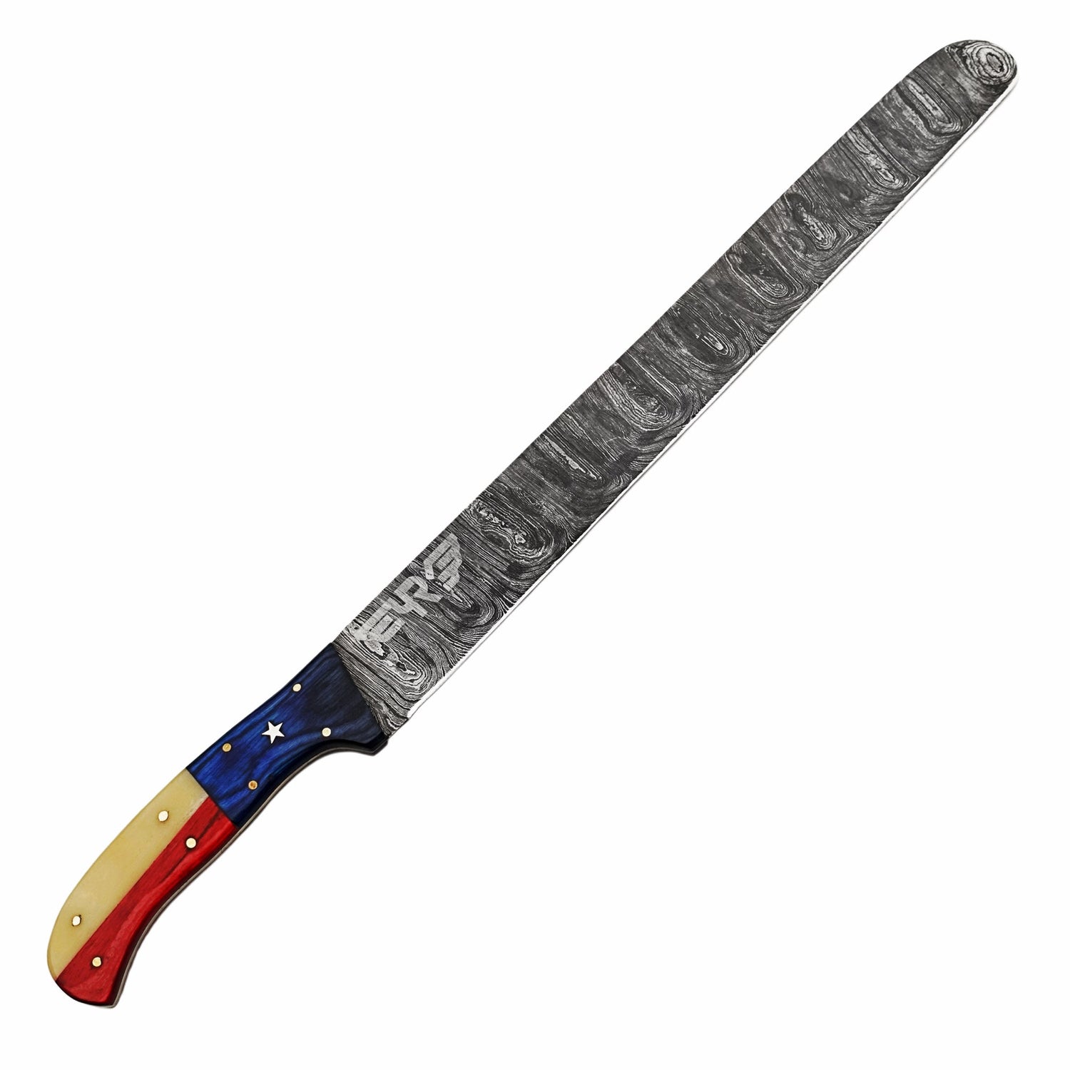 Damascus Steel 18" Texas brisket knife with lone star design hardwood and bone handle with leather carry pouch by Ruddock Bros El Paso Texas USA Ruddock Shirt