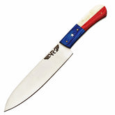 Lone Star chef knife with Stainless Steel Blade with handle made of bone and hardwood by Ruddock Bros El Paso Tx with leather sheath