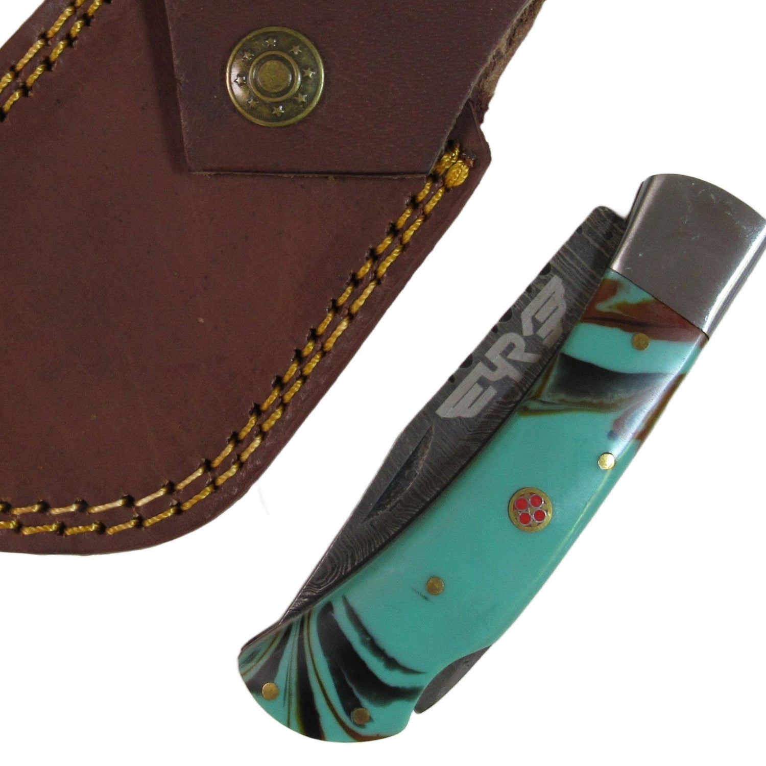 turquoise colored resin handle folding knife with Damascus steel blade  by Ruddock Bros El Paso Texas