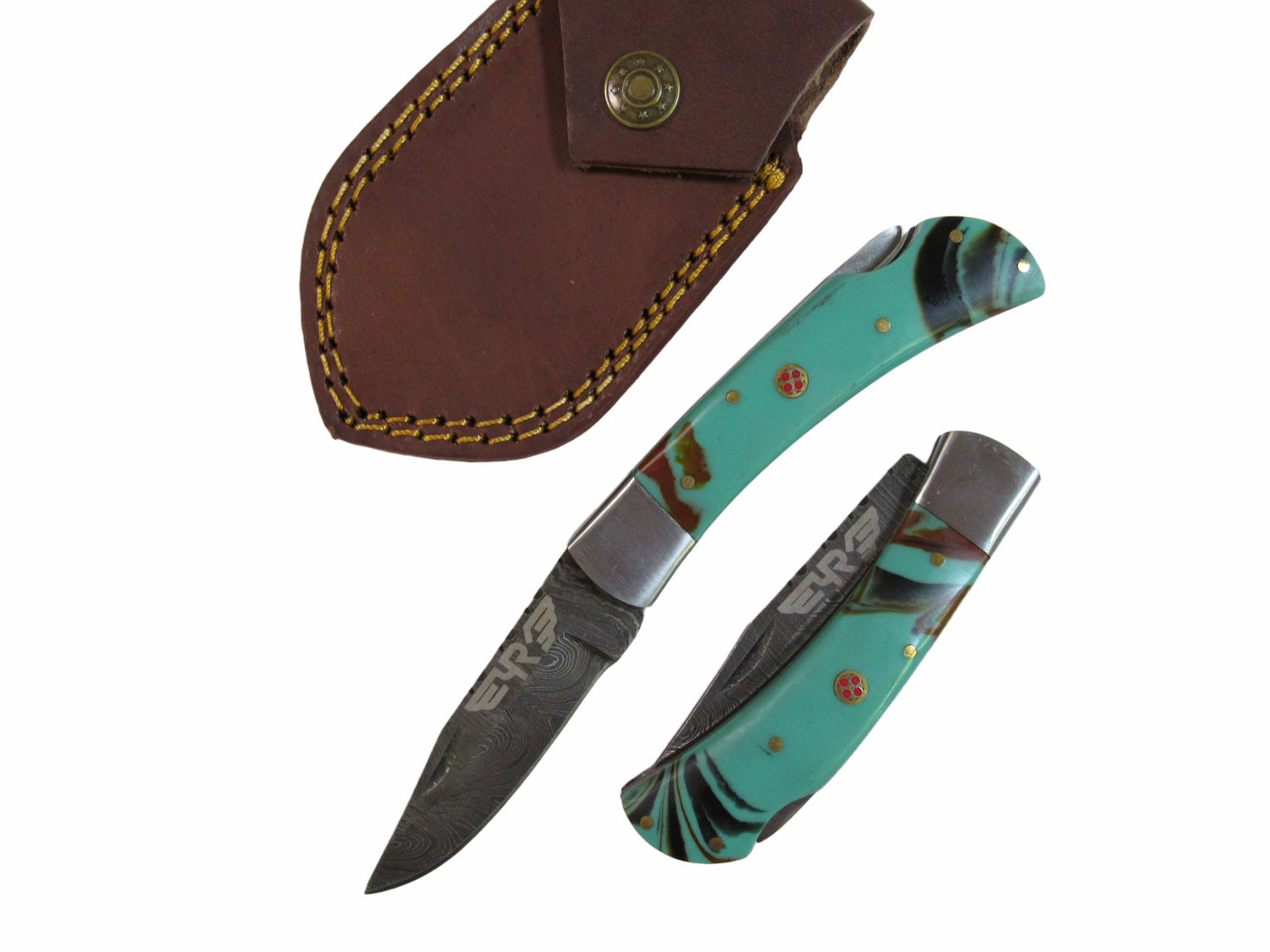 turquoise colored resin handle folding knife with Damascus steel blade  by Ruddock Bros El Paso Texas