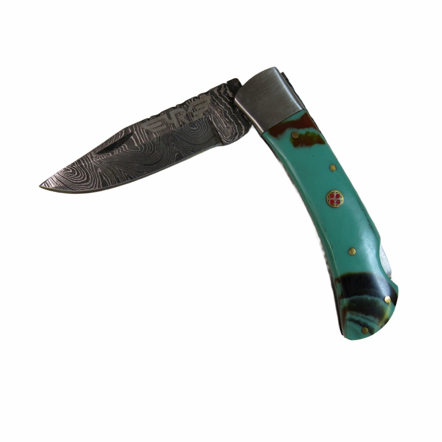 turquoise colored resin handle folding knife with Damascus steel blade  by Ruddock Bros El Paso Texas