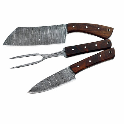 Three piece carving set with Damascus steel and brown hardwood handles by Ruddock Bros