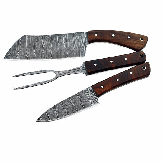 Three piece carving set with Damascus steel and brown hardwood handles by Ruddock Bros