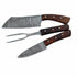 Three piece carving set with Damascus steel and brown hardwood handles by Ruddock Bros